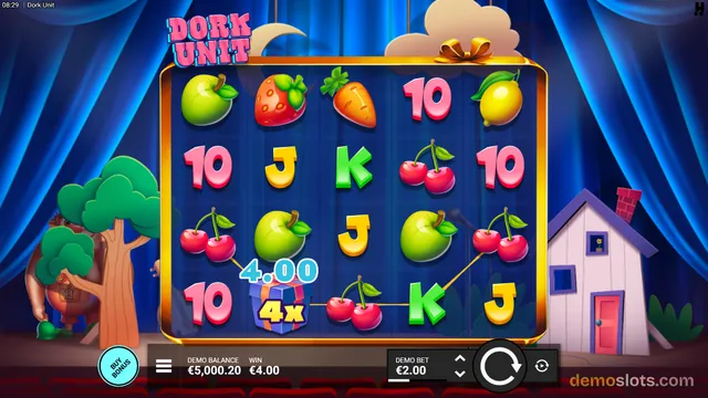 A screenshot of the Dork Unit slot game showing a 5x4 grid with a 4x multiplier win of €4.00 displayed over a dark blue theatre curtain background.
