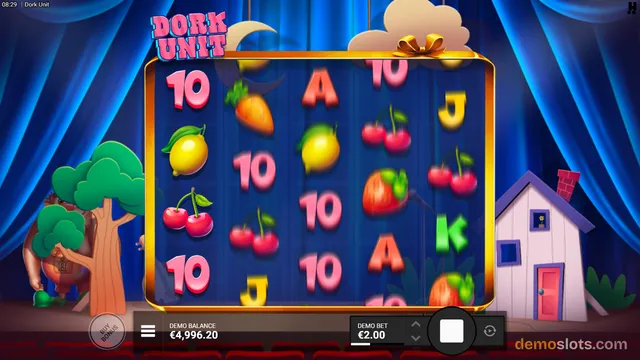 A 5-reel slot game titled Dork Unit shows a grid of fruit and letter symbols on a blue background with a cartoon house and tree on either side.