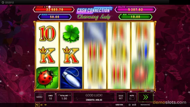 Cash Connection Charming Lady slot game showing a 5-reel grid with reels 4 and 5 still spinning, with jackpot values displayed at the top.