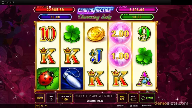 A 5x3 slot game grid titled Cash Connection Charming Lady displays symbols including a ladybug, clover, coin, and pink orbs with cash values, with a jackpot ladder and control panel below.