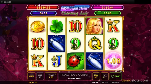 Cash Connection Charming Lady slot game showing a 5x3 reel grid with various symbols and jackpot displays at the top, along with a control panel at the bottom.