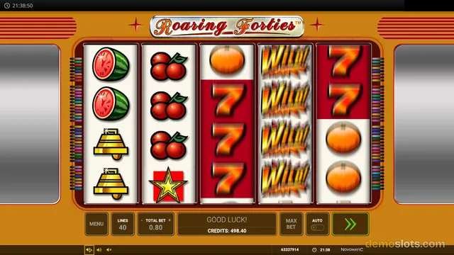 A 5-reel slot game titled Roaring Forties shows a settled base game with various fruit symbols and sevens.