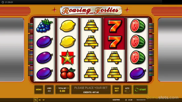 A 5x4 slot game grid titled Roaring Forties displays fruit symbols including grapes, plums, lemons, cherries, a star, bells, watermelons, and a red seven.