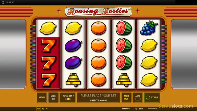 A 5-reel slot game titled Roaring Forties shows a grid of fruit symbols with a stacked column of red sevens on the left reel, and a control bar at the bottom displaying bet lines, total bet, credits, and a start button.