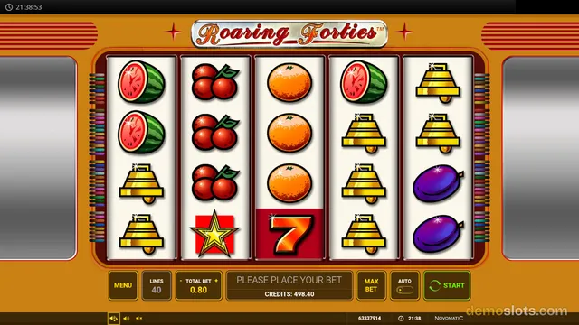 A 5-reel slot game titled Roaring Forties shows a grid of fruit symbols including watermelons, cherries, oranges, bells, a star, a lucky 7, and plums.