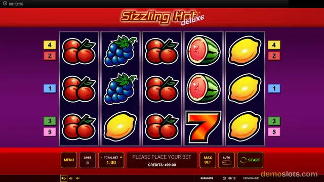 A 5-reel, 3-row slot game grid with fruit symbols, showing the title Sizzling Hot Deluxe and a start button at the bottom.