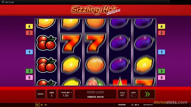 A slot game titled Sizzling Hot Deluxe shows a 5x3 grid of fruit symbols with line indicators on the sides.