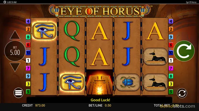 A 5-reel slot machine game titled Eye of Horus displays a settled spin result with a 'Good Luck!' message at the bottom.