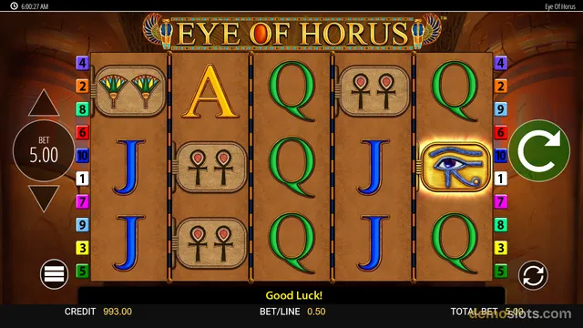 A slot machine game screen titled 'Eye of Horus' showing a 5x3 grid of symbols with a bet of 5.00 and a credit balance of 993.00.