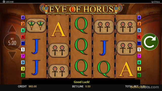 A fully rendered 5-reel slot game titled 'Eye of Horus' displays a settled grid of Egyptian-themed symbols including ankh tiles and letter tiles against a stone background.