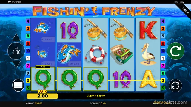 A 5-reel slot game titled 'Fishin' Frenzy' displays a settled game state with a 'PAID 2.00' indicator and a 'Game Over' message.