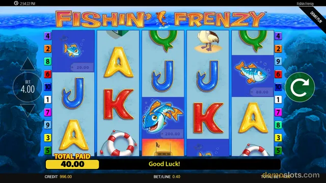 A screenshot of the Fishin' Frenzy slot machine showing a 5x3 grid of reels with a 40.00 total win displayed.