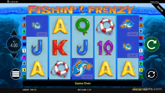 A fully rendered 5x3 grid of the slot game Fishin' Frenzy showing a settled result with a 'Game Over' banner.