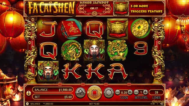 A Chinese-themed slot game grid displaying symbols including the Fa Cai Shen face, a dragon, and playing cards, with a balance of 1,980.00 shown at the bottom.