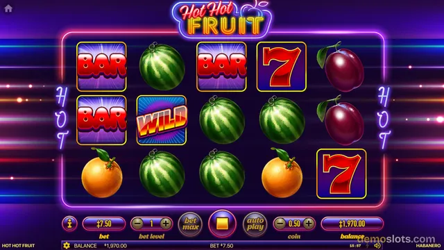 A 5x3 fruit slot game titled Hot Hot Fruit displays BAR, WILD, watermelon, seven, plum, and orange symbols on a purple neon grid.