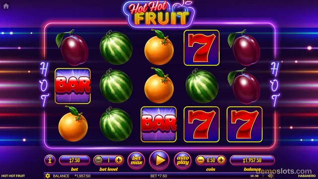 A 5x3 slot game titled Hot Hot Fruit shows a fully rendered reel grid with fruit symbols, BAR symbols, and red sevens, surrounded by neon-style decorations.