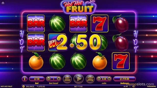 A neon-themed fruit slot game shows a 5x3 grid with BAR, watermelon, seven, and plum symbols, with a Win 2.50 overlay on the second row.