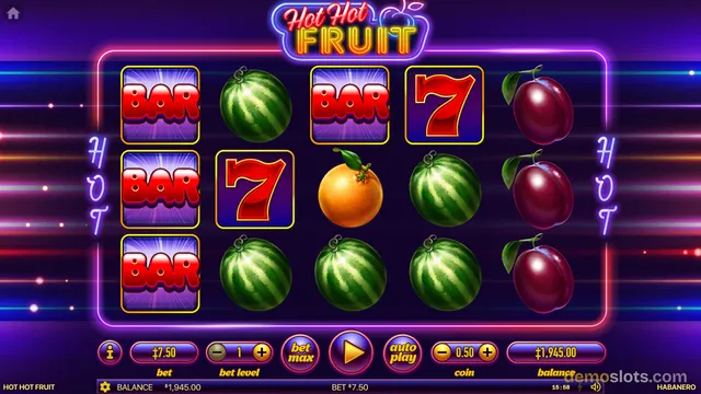 A 5x3 slot game titled Hot Hot Fruit shows a grid of BAR, 7, watermelon, orange, and plum symbols on a neon-styled background, with a control bar at the bottom displaying bet, level, and balance values.