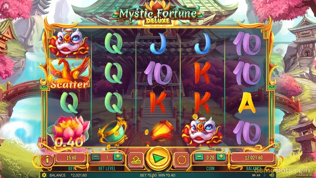A fully rendered slot game screen titled 'Mystic Fortune Deluxe' displays a 5x3 grid of symbols including a lion, phoenix, lotus, and playing card letters against a background of a Japanese temple and cherry blossoms.