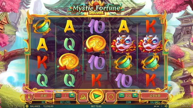 A slot machine screen titled 'Mystic Fortune Deluxe' displays a 5x4 grid of symbols against an Asian temple background with pink cherry blossoms.
