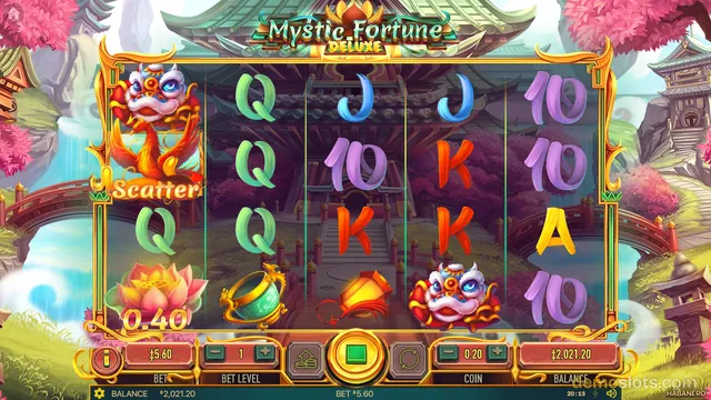 A fully rendered screenshot of the slot game Mystic Fortune Deluxe showing a 5x4 grid of symbols including a lion dance, phoenix, lotus, teapot, and playing cards in an Asian-themed setting.