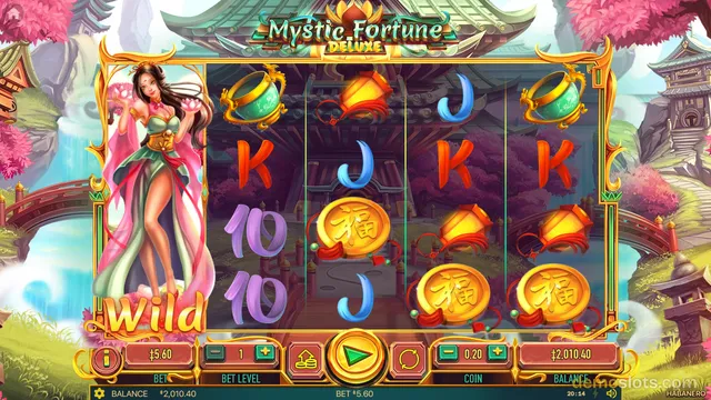 A fully rendered slot game screen titled Mystic Fortune Deluxe showing a 4x3 grid of symbols with a wild character on the left and a control panel at the bottom.