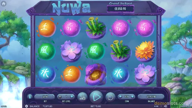 A screenshot of the slot game Nuwa showing a 5x3 grid of Chinese elemental symbols and flowers against a landscape background.