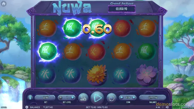 A fully rendered slot game screen titled 'Nuwa' showing a 5x3 grid of elemental orbs and flowers with a win of 0.60 highlighted in the center.