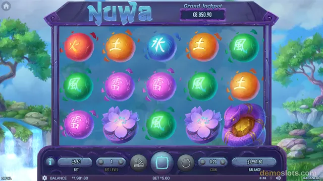 A 5x3 grid of glowing elemental orbs and flowers is displayed on a slot machine screen titled Nuwa, with a background of a stylized landscape.