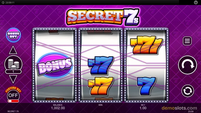 A slot game titled SECRET 7s shows a 3x3 reel grid with a purple background, displaying a BONUS symbol, several colored 7s, and a win line overlay.