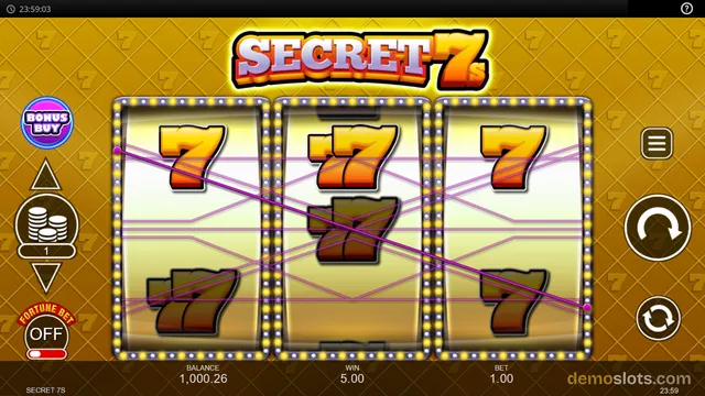 A 3x3 slot game titled SECRET 7 shows several seven symbols on the reels with purple paylines crossing them.
