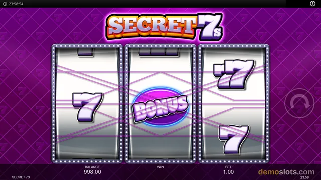 A 3-reel slot game titled SECRET 7s shows a BONUS symbol in the center reel flanked by 7 symbols, with win lines crossing the reels.