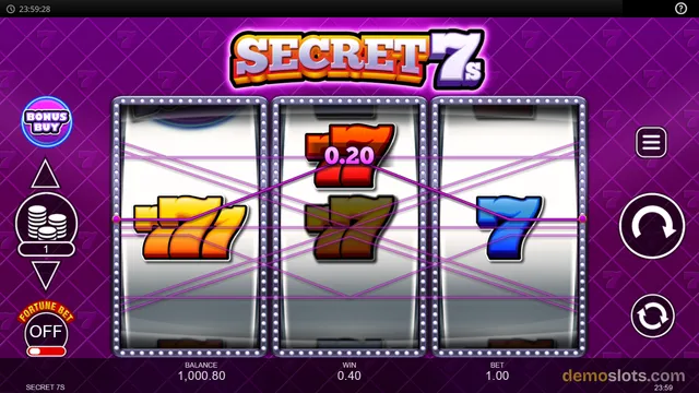 A 3-reel slot game titled SECRET 7s shows three reels with colored number 7 symbols, a win of 0.20 highlighted, and a balance of 1,000.80 with bet 1.00 on a purple background with a diamond pattern of 7s.