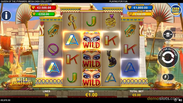 Queen of the Pyramids Mega Cash Collect slot game showing a 5x4 grid with Egyptian-themed symbols and jackpot values at the top.
