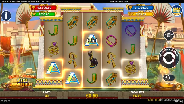 A 5-reel slot game titled Queen of the Pyramids Mega Cash Collect shows a settled win with an A symbol displaying a 0.50 multiplier, surrounded by Egyptian-themed symbols.