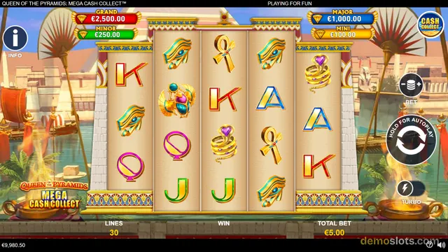 A fully rendered 5-reel slot game titled Queen of the Pyramids Mega Cash Collect shows an Egyptian-themed grid with jackpot values displayed above it.