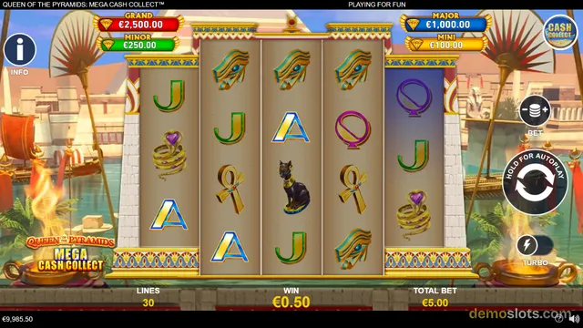 A fully rendered slot game grid showing Egyptian-themed symbols across five reels and three rows.