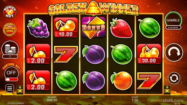 A 5-reel, 3-row slot game titled Golden Winner shows a fully rendered base game with fruit symbols and a bonus tile on the middle reel.