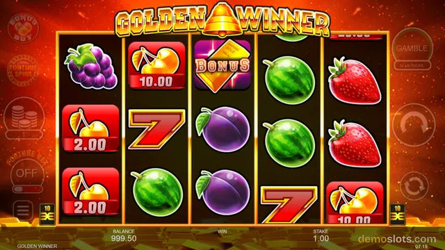 A 5x3 slot game titled GOLDEN WINNER shows a settled reel grid with fruit symbols including grapes, cherries, plums, watermelons, strawberries, red sevens, and a bonus tile.
