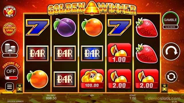 A 5x3 slot game grid titled GOLDEN WINNER shows classic fruit symbols including blue sevens, purple plums, oranges, strawberries, BAR symbols, and golden bells.