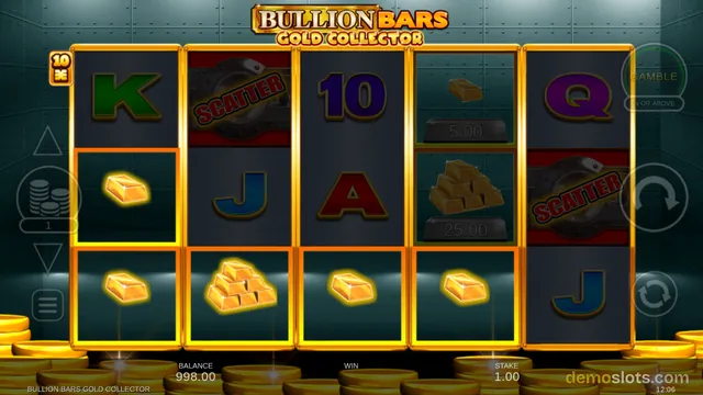 A 5x3 slot grid titled Bullion Bars Gold Collector shows letters, scatters, and gold bar symbols against a dark metal vault background with a balance of 998.00 and stake of 1.00.