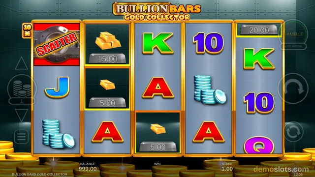 A 5x3 slot grid titled BULLION BARS GOLD COLLECTOR shows a scatter symbol, gold bars with price tags, and card letters on a dark metal background, with balance, win, and stake values at the bottom.