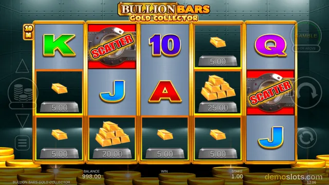 A 5x3 slot grid titled Bullion Bars Gold Collector shows a mix of playing card letters and gold bar symbols with cash values, with a SCATTER symbol on the middle reel.