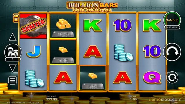 A 5x3 slot game titled Bullion Bars Gold Collector shows a fully rendered reel grid with symbols including a scatter, gold bars, coins, and playing card letters.