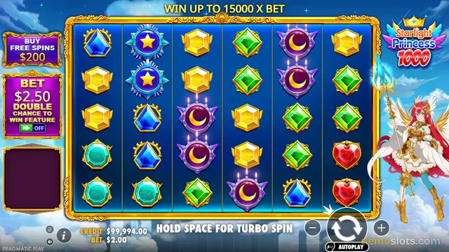 A fully rendered 6-reel, 5-row slot game grid displaying various gem and star symbols, with an angel character on the right and betting controls on the left.