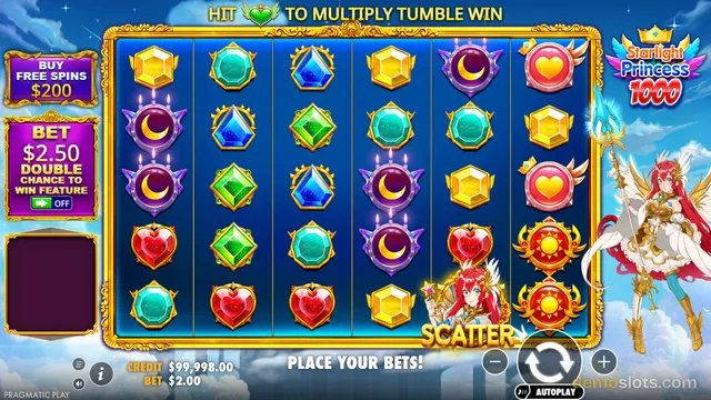 A fully rendered slot game grid with colorful gem and heart symbols, flanked by a fairy character and betting controls.