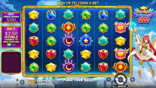 A 5-reel, 5-row slot machine interface for the game Starlight Princess 1000, featuring a grid of gem and celestial symbols against a blue background, with a winged character on the right.