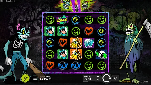 A screenshot of the Chaos Crew 2 slot game featuring a 5x5 grid of cartoonish symbols set against a dark, graffiti-covered background with two large monster characters flanking the reels.