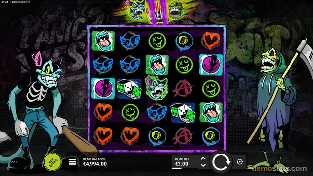 A 5x5 grid slot game featuring graffiti-style symbols and cartoon characters in a dark urban setting.