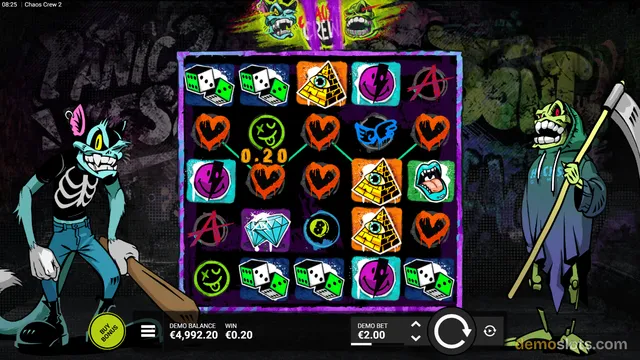A 5x5 grid of cartoon-style slot symbols is displayed between two animated characters, with a win indicator in the center.